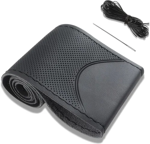 Miniatura 8 de Funda de volante de cuero negro, envoltura con costura, funda de volante de vaca transpirable para coche, tamaño estándar de 15 pulgadas (Tipo A)