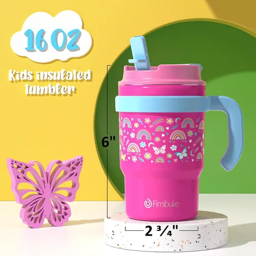 Miniatura 3 de Fimibuke Taza térmica para niños con asa y pajita - 16 oz Vaso a prueba de fugas para niños pequeños con tapa 2-en-1 de sorbo/trago, sin BPA