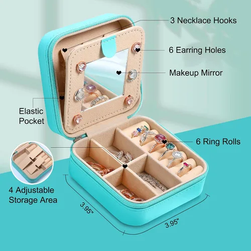 Miniatura 2 de Parima Joyero de viaje a la moda para mujer, joyero azul pequeño, organizador de joyas, cajas de joyería para mujeres, mini estuche de viaje