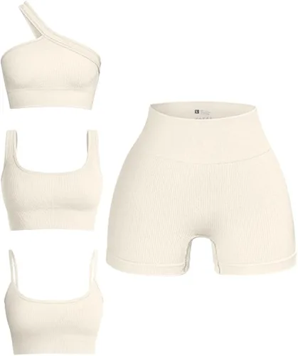 OQQ Conjunto de 4 piezas para mujer, acanalado, sin costuras, cuello redondo, brasier deportivo con un hombro descubierto, pantalones cortos de