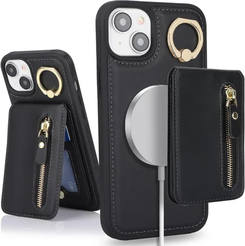 para iPhone 14 Funda con soporte magnético Magsafe compatible, llavero de cuero PU plegable con soporte desmontable, funda tipo cartera 2-en-1 para