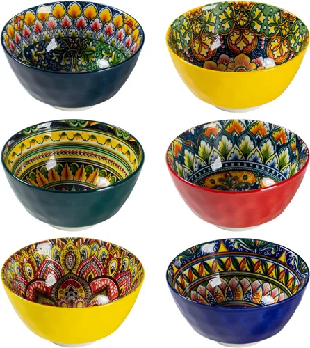 Henten Home Juego de 6 cuencos pequeños para postre, juego de cuencos de arroz de cerámica de 12 onzas, cuencos coloridos de porcelana para Bohemio