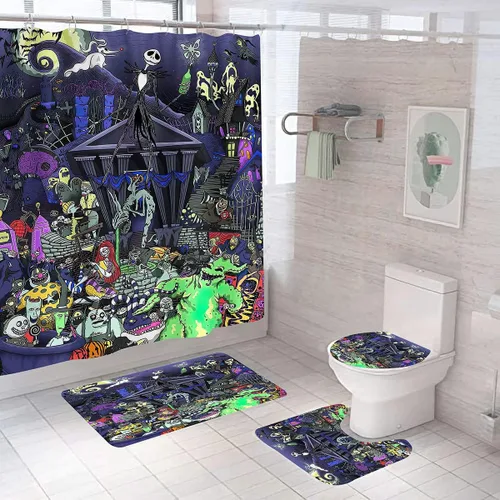 Miniatura 13 de Juego de 4 cortinas de ducha de Navidad para niños, decoración de Halloween con 12 ganchos de cortina para baño, impermeable, 71 x 71 pulgadas (D13)
