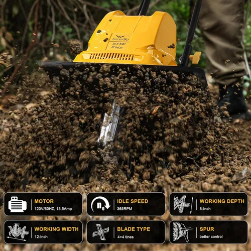 Miniatura 2 de IncwBo Rastrillo/Cultivador Eléctrico 4 dientes de acero, 8'' de profundidad de labrado, rastrillo roto para jardín, 13.5 amperios, 12 pulgadas