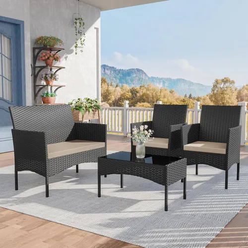 Miniatura 7 de Kurapika juego de muebles de patio 4 piezas de mimbre al aire libre, sillas de ratán, juego informal con mesa de café, juego de bistró con mecedora