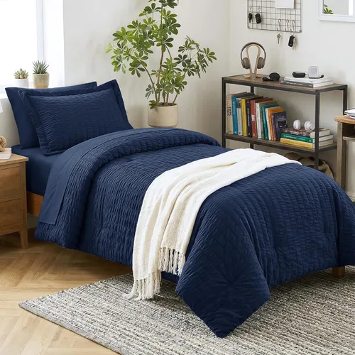 Miniatura 55 de CozyLux Juego de ropa de cama con edredón tamaño King Beige Seersucker de 7 piezas, juego de cama en una bolsa, con edredón, sábanas, fundas