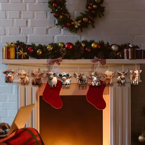 Miniatura 6 de Wenqik 36 piezas de decoración de madera de vaca de las tierras altas del oeste, juego de adornos de Navidad con bonitos recortes de ganado