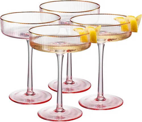Miniatura 16 de Khen Copas Coupe Vintage Art Déco Acanaladas - Copas Acanaladas para Martini, Champán y Cóctel de 8 oz Bonitos Juegos de Cristalería - Cristalería