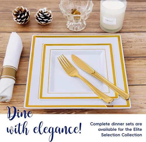 Miniatura 5 de JOLLY CHEF Paquete de 60 platos llanos de plástico, platos cuadrados de plástico dorado con elegante borde dorado de 9.5 pulgadas, desechables
