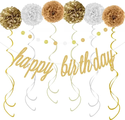 KOKAR Decoraciones doradas de feliz cumpleaños: pancarta dorada de feliz cumpleaños, pompones de papel, remolinos colgantes y guirnalda de puntos