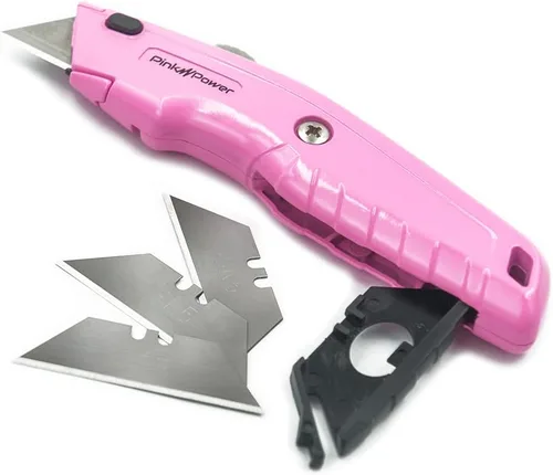 Pink Power Cortador de cajas retráctil, cuchillo de utilidad rosa para alfombra, lindo cuchillo cortador de caja resistente con 3 cuchillas y