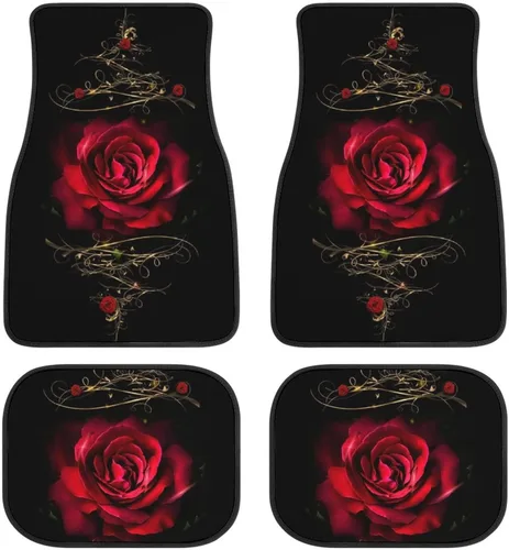 Juego de 4 alfombrillas decorativas para automóvil, diseño floral de rosas rojas, diseño de flores y diseño de flores, alfombras decorativas