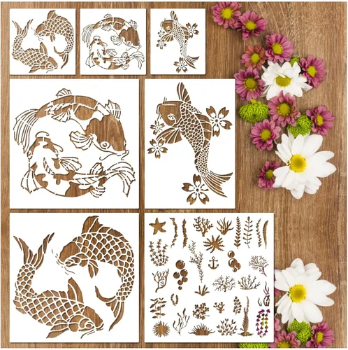 Plantillas de peces koi reutilizables para pintar sobre madera, lienzo, paredes, decoración del suelo, proyectos de bricolaje (peces koi)