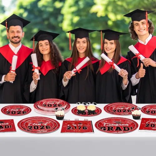 Miniatura 5 de QZYL Juego de 200 suministros de graduación 2026, platos de graduación rojos, servilletas, platos de postre y tenedores de plástico para 50