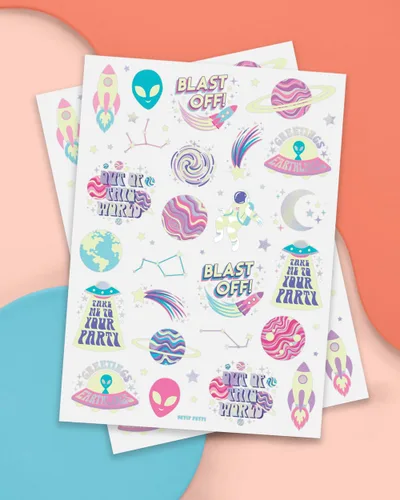 Miniatura 2 de xo, Fetti Space + Planets - Tatuajes temporales que brillan en la oscuridad para niños, 50 piezas, suministros de fiesta de cumpleaños