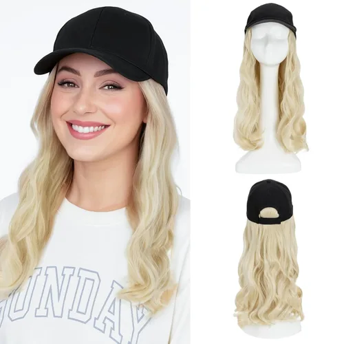 Miniatura 24 de SEGO - Peluca de gorra con pelo adjunto para mujer, gorra negra de béisbol con extensiones de pelo, gorra de béisbol larga y ondulada con ajuste