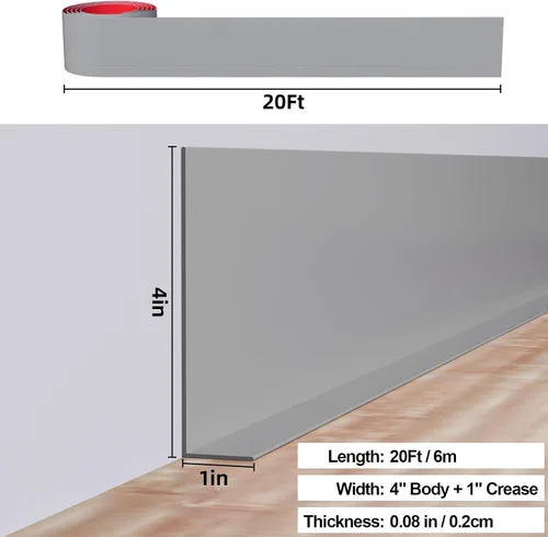 Miniatura 2 de Duzzy Moldura Flexible para Zócalo, 5 Pulgadas (Ancho) x 20 Pies (Largo) Moldura de Pared de Goma para Despegar y Pegar, Base de Pared de Vinilo Gris