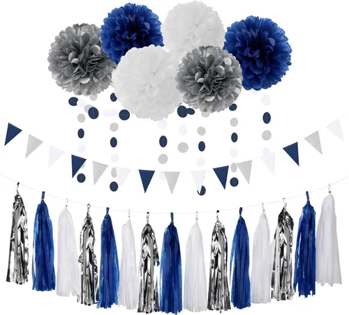Decoraciones de fiesta de color azul marino, blanco y plateado, kit de 23 piezas de graduación 2025, pompones de papel de seda, guirnalda de borlas,
