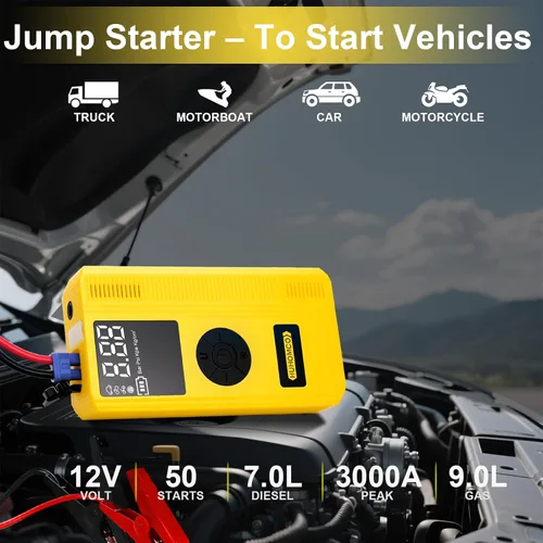 Miniatura 6 de Arrancador de coche 7 en 1 con compresor de aire, paquete de energía portátil de 3000A 12V, inflador digital de neumáticos de 150PSI para 9L