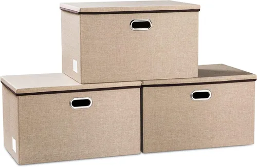Miniatura 21 de PRANDOM Contenedor de almacenamiento plegable con tapa [1 unidad] Caja de almacenamiento decorativa de tela de lino, cesta organizadora con asas