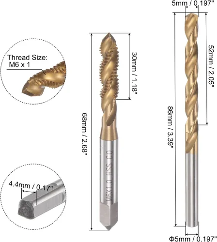 Miniatura 2 de HARFINGTON Juego de grifos y brocas, M6 x 1 máquina de rosca espiral flauta roscado y broca helicoidal de 0.197 in, chapado en titanio M35 cobalto