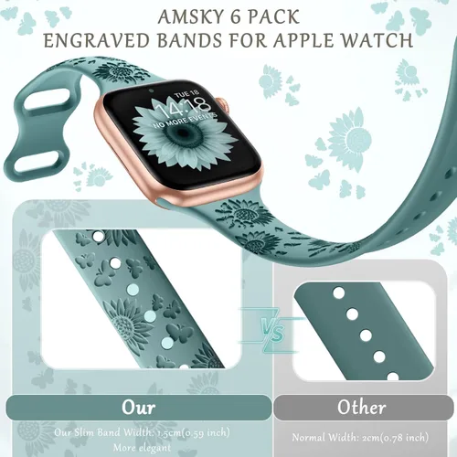 Miniatura 3 de AMSKY Paquete de 6 correas delgadas con grabado floral compatibles con Apple Watch Band 1.575 in 1.614 in 1.654 in 1.496 in 1.732 in 1.772 in 1.811