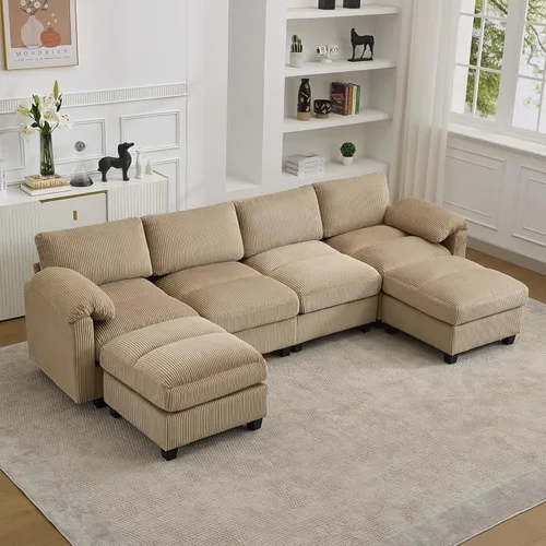 Miniatura 8 de Sofá biplaza modular de 61 pulgadas, asiento extra profundo para sala de estar, sofá de pana profundo con almohadas para reposabrazos, cosido