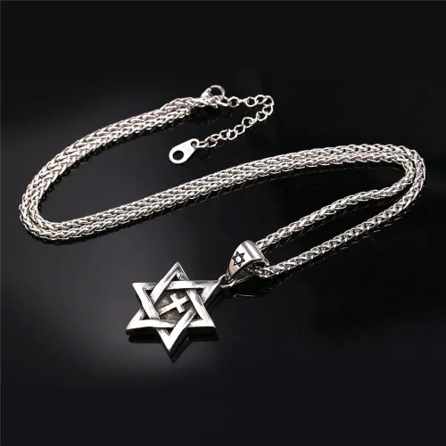 Miniatura 128 de U7 - Collar con Estrella de David para hombres y mujeres, dije hexagonal de acero inoxidable con cruz/piedra de rubí/collares clásicos judíos