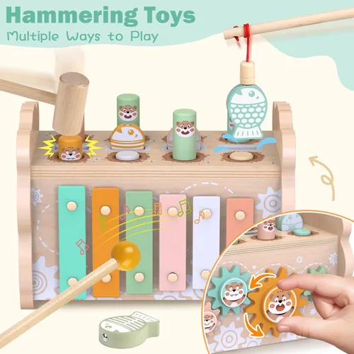 Miniatura 9 de Juguetes de madera Montessori para niños pequeños de 1 a 3 años, juguete de martillado y golpeo para bebés con xilófono y juego de pesca, pista