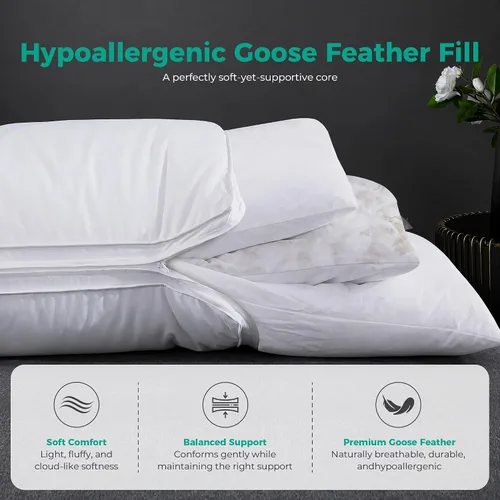 Miniatura 6 de Three Geese Almohada de plumas de ganso de capa ajustable, almohada de cama ensamblable, funda 100% algodón orgánico suave, buena para dormir boca