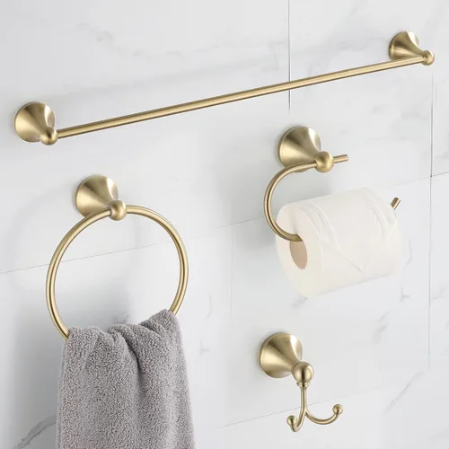 Miniatura 7 de Juego de accesorios de baño dorados de 4 piezas, accesorios de baño dorados cepillados, toallero de 23.6 pulgadas, gancho para toallas, soporte