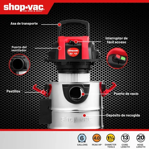 Miniatura 7 de Shop-Vac Aspiradora húmeda y seca de 6 galones, 4.0 de pico de HP, compacta para montaje en pared, con manguera extra larga de hasta 20 pies