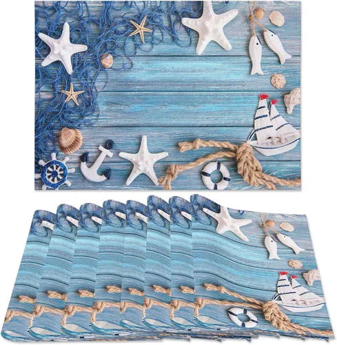 Juego de 8 manteles individuales azules con diseño náutico de verano, diseño de estrella de mar, red antideslizante, resistente al calor, tela de