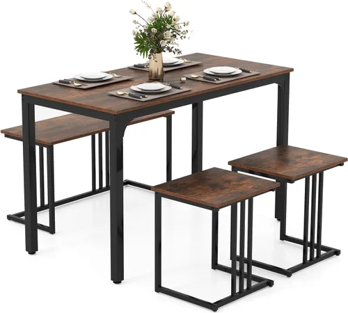 Giantex Juego de mesa de comedor de 4 piezas para 4, mesa y sillas de cocina modernas, juego de muebles anidables con banco y 2 taburetes, juego de