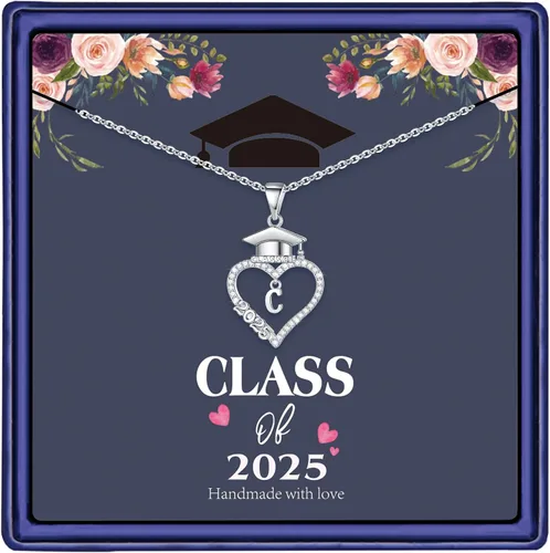 M MOOHAM Regalos de graduación para ella 2024, chapado en oro blanco de 14 quilates, circonita cúbica, colgante de corazón, collares con inicial