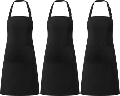 Paquete de 3 delantales negros para mujer con bolsillos, delantal de cocina ajustable resistente al agua, babero unisex para chef, hombres y mujeres