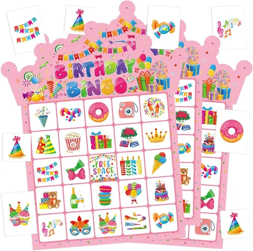 Tarjetas de juego de bingo de cumpleaños para fiesta, 24 jugadores, fiesta de cumpleaños, juegos de bingo para escuela, oficina, familia, grupo
