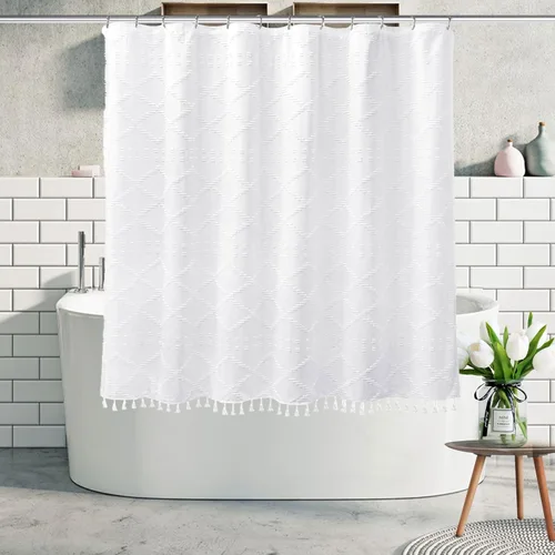 Miniatura 42 de Siiluminisoy Cortina de ducha bohemia rosa con textura y borlas de 72 x 72 pulgadas con tul, cortina de ducha de chenilla tejida con rayas chevrón