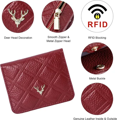 Miniatura 3 de Billetera para mujer, con bloqueo RFID, pequeña, compacta, plegable, de piel auténtica, con bolsillo, mini carteras para mujeres