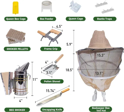 Miniatura 3 de MayBee Suministros de apicultura, kit de inicio de apicultura, 22 piezas, kit de herramientas de apicultura, kit de ahumador de abejas que incluye