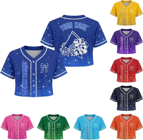Miniatura 9 de Camiseta de béisbol de uniforme de animadora personalizada, camiseta de animadora para niñas, mujeres, jóvenes, niños, camiseta con purpurina