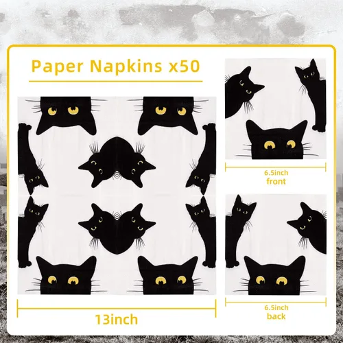 Miniatura 7 de Quera Paquete de 50 servilletas de papel desechables de gato negro, suministros para fiestas, servilletas de papel de Halloween, servilletas