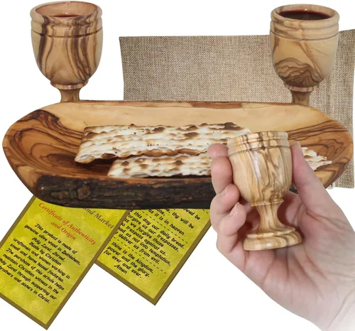 Miniatura 17 de Holy Land Market Juego de tazas y platos de comunión de madera de olivo, juego de comunión tallado a mano en Belén, para adoración de la iglesia