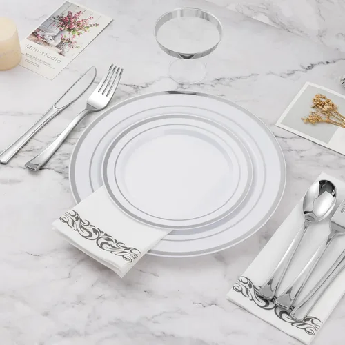 Miniatura 4 de BESTVIP 100 piezas de platos de postre de plástico plateado de 7 pulgadas, plato desechable con borde plateado para ensalada/pastelitos pequeños