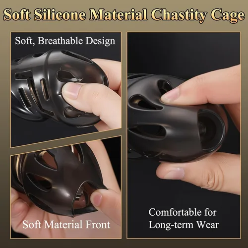 Miniatura 4 de Jaula de castidad masculina, jaula de polla grande de silicona suave y ligera con 6 tamaños de anillos y cerradura invisible para ejercicio del pene