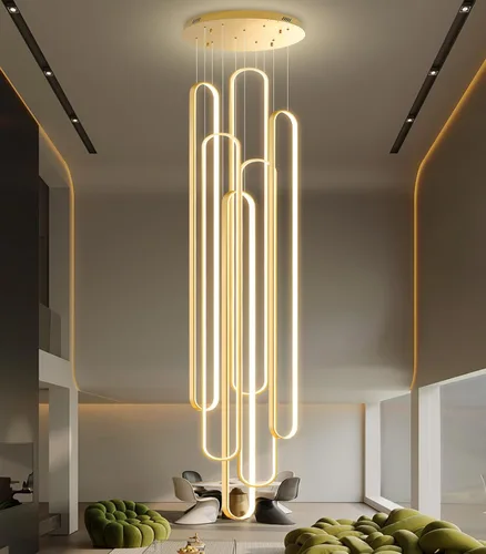 Miniatura 34 de Candelabros LED modernos para entrada de vestíbulo, techo alto, lámparas de escalera largas, regulables, montaje empotrado, alto recibidor, Negro