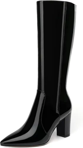 Miniatura 78 de AMBELIGHT Botas altas hasta la rodilla con cremallera y puntera puntiaguda para mujer, de patente sólida, tacón alto, 3.3 pulgadas