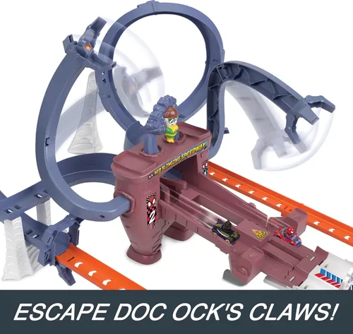 Miniatura 4 de Conjunto de pista de coche de juguete Hot Wheels, pista de carreras de telarañas de Spider-Man de RacerVerse, carrera competitiva con 2 vehículos