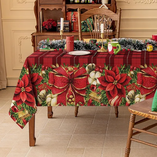 Miniatura 8 de Softalker Mantel rectangular navideño - Rojo tartán a cuadros impreso con campanas de Navidad y caramelos, manteles de poliéster lavables de tela