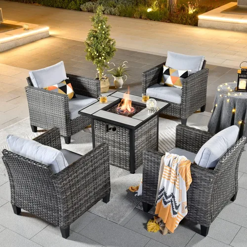 Miniatura 22 de ovios Juego de muebles de patio de 6 piezas, sillas giratorias de mimbre para exteriores con mesa para fogatas de 30 pulgadas, juego de mecedoras